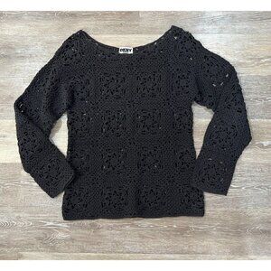 DKNY Jeans Vintage Sz M Black Hand Knit Crochet Sweater Doily Lace 90s Top